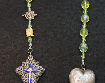 Late 19th Cent. 1 Decade Open Chaplet Uranium Glass & Sterling Silver w Janus Memento Mori and Enamel Reliquary Cross - Bavarian - Rare