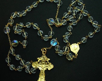 Catholic Chain Rosary Gold Vermeil and Vintage Bohemian Crystal