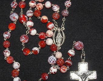 Catholic Chain Rosary Prayer Beads Fire Crackled Red Agate and Sterling Silver