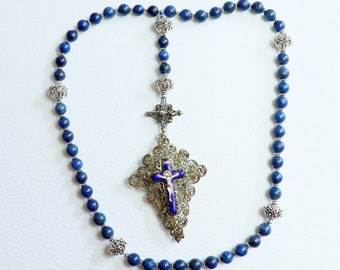 Filigree Catholic Rosary, Vintage Bavarian Biedermeier Lapis, German Style Rosary, Credo and Reliquary Porcelain Inlay Crosses, Prayer Gift