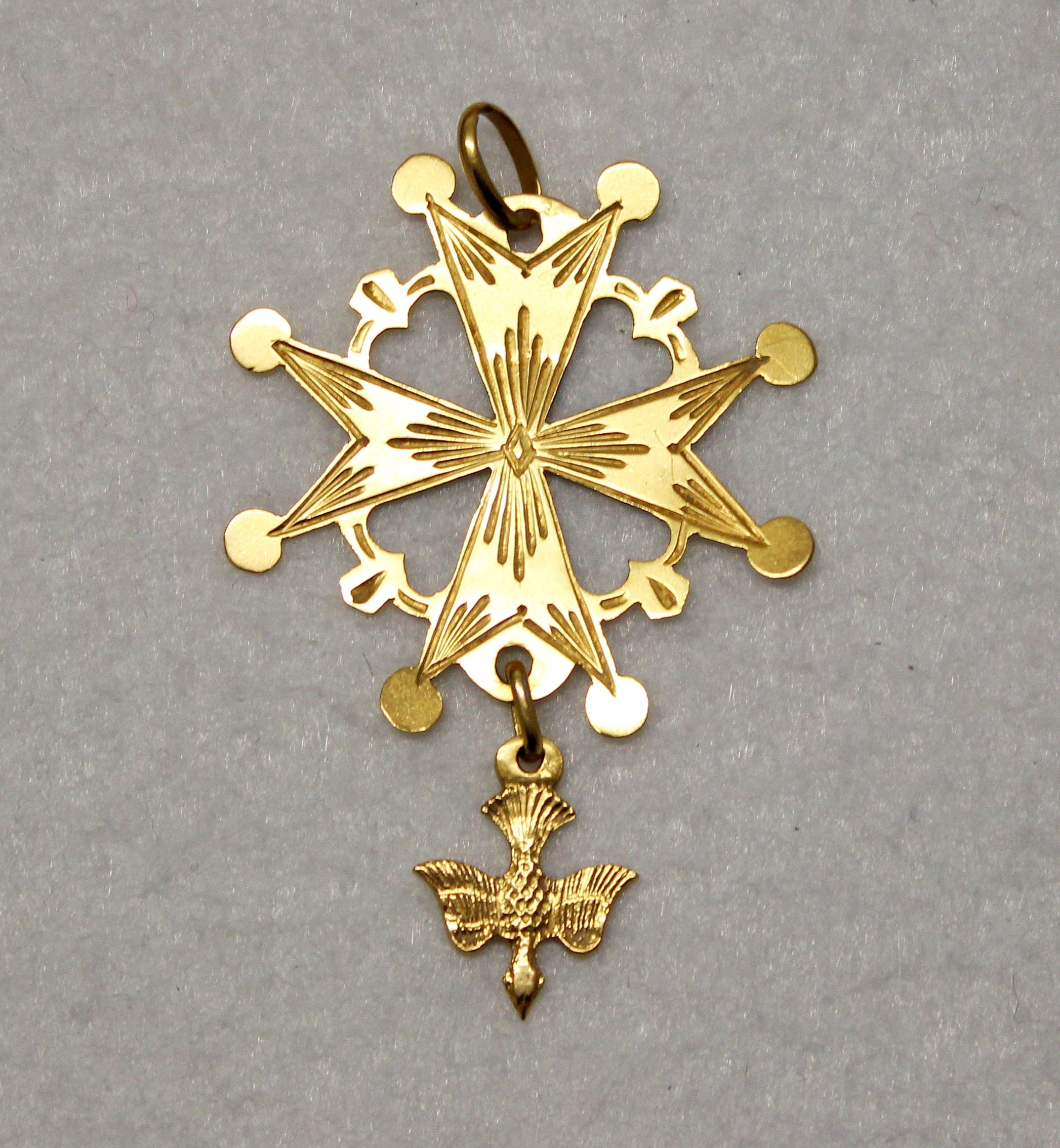 1930's Vintage French 18 K Gold Pendant Huguenot Very Large Cross - V.RARE
