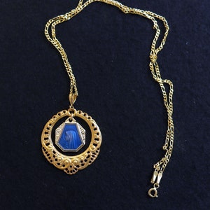 Virgin Mary Blue Enamel Vintage Pendant Medal in Vermeil open Work Frame with Vermeil Chain