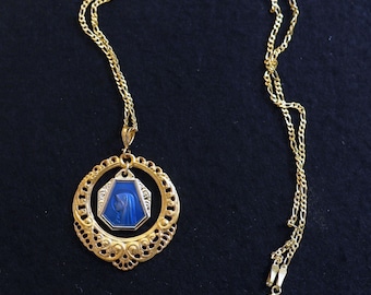 Virgin Mary Blue Enamel Vintage Pendant Medal in Vermeil open Work Frame with Vermeil Chain