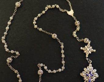 Unique 19th Century Bavarian Sterling Filigree Rosary, Reliquary Cross, Antique Catholic Necklace, Vintage Religious Jewelry, Cross Necklace