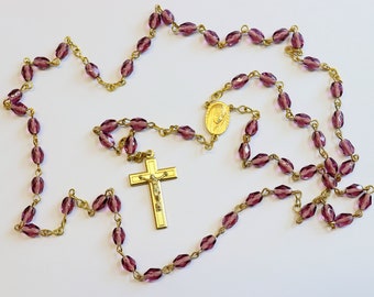 Catholic Vintage Rosary New Old Stock Amethyst Crystal Gold Plated Exquisite Series No31