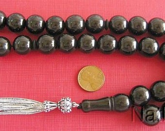 Prayer Beads Tesbih Gebetskette Turkish Large Round Jet Stone ( Oltu)  & Sterling Silver