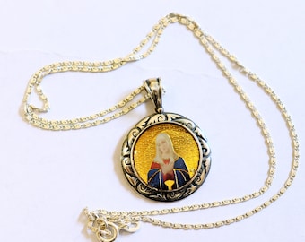 Virgin Mary All Sterling Medal Fine Enameled Serigraphy w Hand Painting