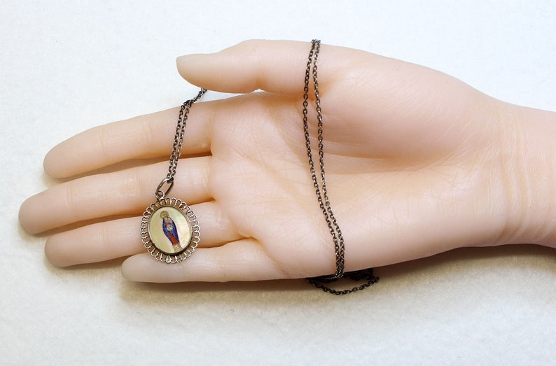 19th Cent Crowned Madonna /& Child Hand Painted Miniature on MOP in Sterling Frame w chain