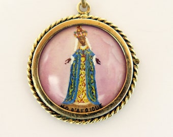 1930's Vermeil Medal Pendant Hand Painted Miniature of Our Lady of Africa - XXR