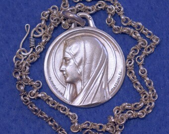 Large Antique Mary Medal by Mazzoni w hand Made 1940's Chain all Sterling