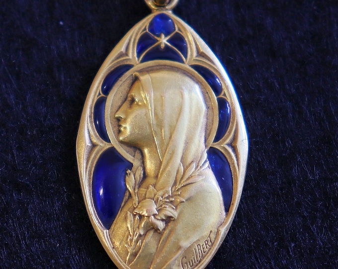 Featured listing image: Antique 18 K Gold Plique-à-Jour Virgin Mary Heavy Pendant By Gilbert -dd 1918 - Very Rare