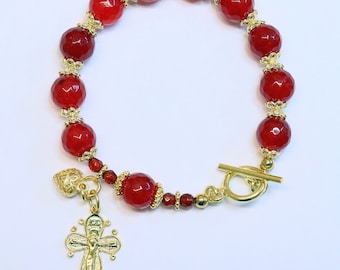 Catholic Rosary Bracelet Faceted Genuine Ruby and Vermeil