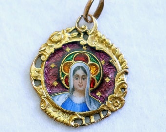 18 K. Solid Gold Hand Painted Polychrome Enameled Medal Pendant Virgin Mary Early 20th Cent. High Rarity