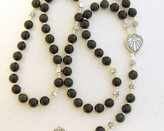 Catholic Rosary Prayer Beads Very Dark Green to Black- Canadian  Jade & Sterling Silver