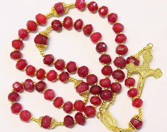 Catholic Rosary Genuine Faceted Ruby And Vermeil