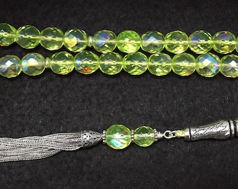 Prayer beads Tesbih Subha V. Large Vintage Uranium Vaseline Faceted Glass & Sterling Silver - UNIQUE Item seen nowhere else.