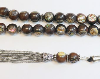 Tesbih Prayer Worry Beads Ebony Inlaid with Paua Shell - Sterling Silver - Unique Collector's XXR