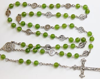 Faceted Jade & Sterling Silver Stations Of The Cross Rosary All Vintage - Unique Rare