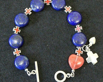 Anglican Episcopal Rosary Bracelet  : Lapis , Rose Quartz, Sterling Silver and Enamel