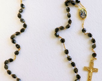 1920's Jet Stone & All 18K Solid Gold Catholic Rosary Our Lady of Altagracia - Extreme Rarity