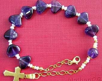 Catholic Rosary Bracelet Amethyst Heart Beads, Pearls & Vermeil