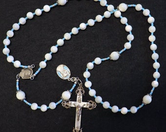 Vintage Catholic Rosary MOP w Sterling Cross, Blue & Enamel Medal, Rosenkranz Antik Kreuz