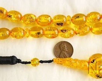 Prayer Beads Gebetskette Oval Amber Colored Resin With Insects in each Bead .