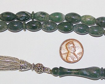 Luxury Prayer Beads Tesbih AA Oval Moss Agate and Sterling Silver - Top Quality - Collector's