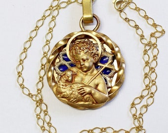 Vintage Gold Plated Plique-à-Jour V. Large Agnus Dei Pendant Signed Augis w Chain