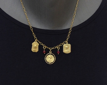 Necklace on Vermeil Chain w 3 Gold Filled Vintage Medals Pendants & Ruby