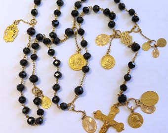18K Solid Gold Catholic Rosary & Faceted Jet Beads, 12 Medals, 19th Cent. Unique Heirloom, Top Rarity