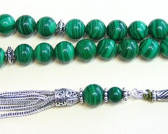 Luxury Prayer Beads Tesbih AA Grade Malachite & Sterling Silver -Top quality - Collector's