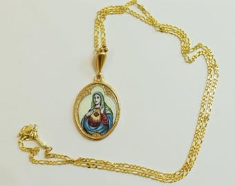 Vintage Enamel Medal heart of Mary on Fire Miniature Hand Painted in Gold Plated Stylized Frame w Chain- Very Rare, Unique
