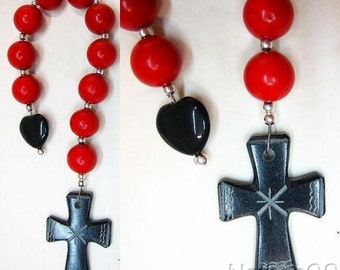 Catholic Open Chaplet Red Coral, Black Serpentine and Sterling Silver