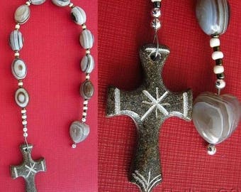 Catholic Open Chaplet Botswana Agate & Serpentine Hand Made Cross