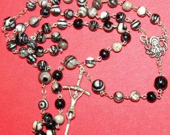 Catholic Chain Rosary Prayer Beads Silkstone Onyx and Sterling Silver