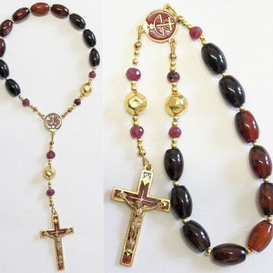 Catholic One Decade Rosary Chaplet - Black Agate, Ruby, Enamel and Vermeil