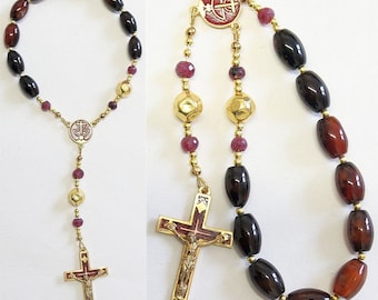 Catholic One Decade Rosary Chaplet - Black Agate, Ruby, Enamel and Vermeil