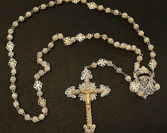 1920's. Sterling Silver and  Vermeil Filigree Spanish Catholic Rosary - Collector's