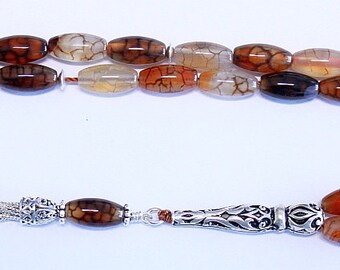 Prayer Beads Tesbih AA Dragon Vein Agate and Sterling Silver -Luxury Collector's item