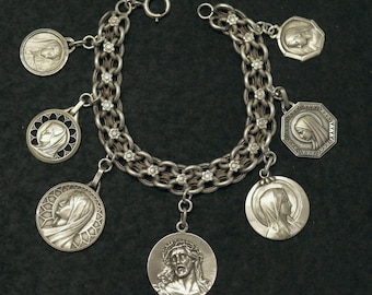 Vintage, Heavy, All Sterling Charm Art Nouveau Bracelet w 7 Rare Large Pristine Religious Medals - 1915