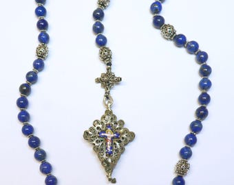 Filigree Catholic Rosary, Vintage Bavarian Biedermeier Lapis, German Style Rosary, Credo and Reliquary Porcelain Inlay Crosses, Prayer Gift