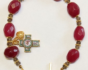 Anglican  Rosary Bracelet Faceted Genuine Ruby Beads, Smoky Quartz, Micromosaic Cross & Vermeil