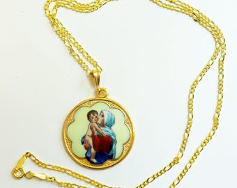 Vintage Enamel Medal of Mary with Baby Jesus Hand Painted in Gold Plated Stylized Frame w Chain- Unique, very Rare