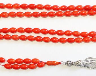 Islamic Prayer Beads Gebetskette 99 Dark Orange Coral & Sterling -Rare cut- Collector's