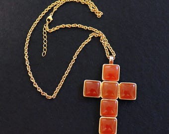 Butterscotch Amber Pectoral Cross Medal, Pendant in Vermeil Frame and Chain - Large and double face - Rarely seen.