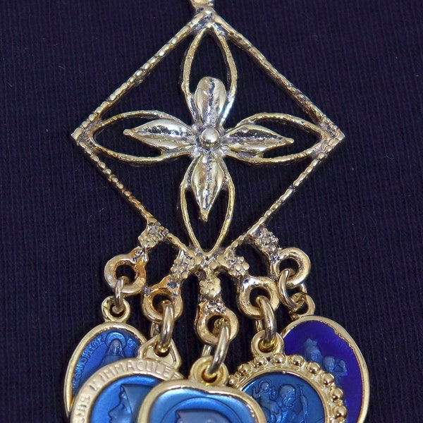 Lámpara colgante Vermeil: Medallas de María esmaltadas en azul vintage, cadena fija