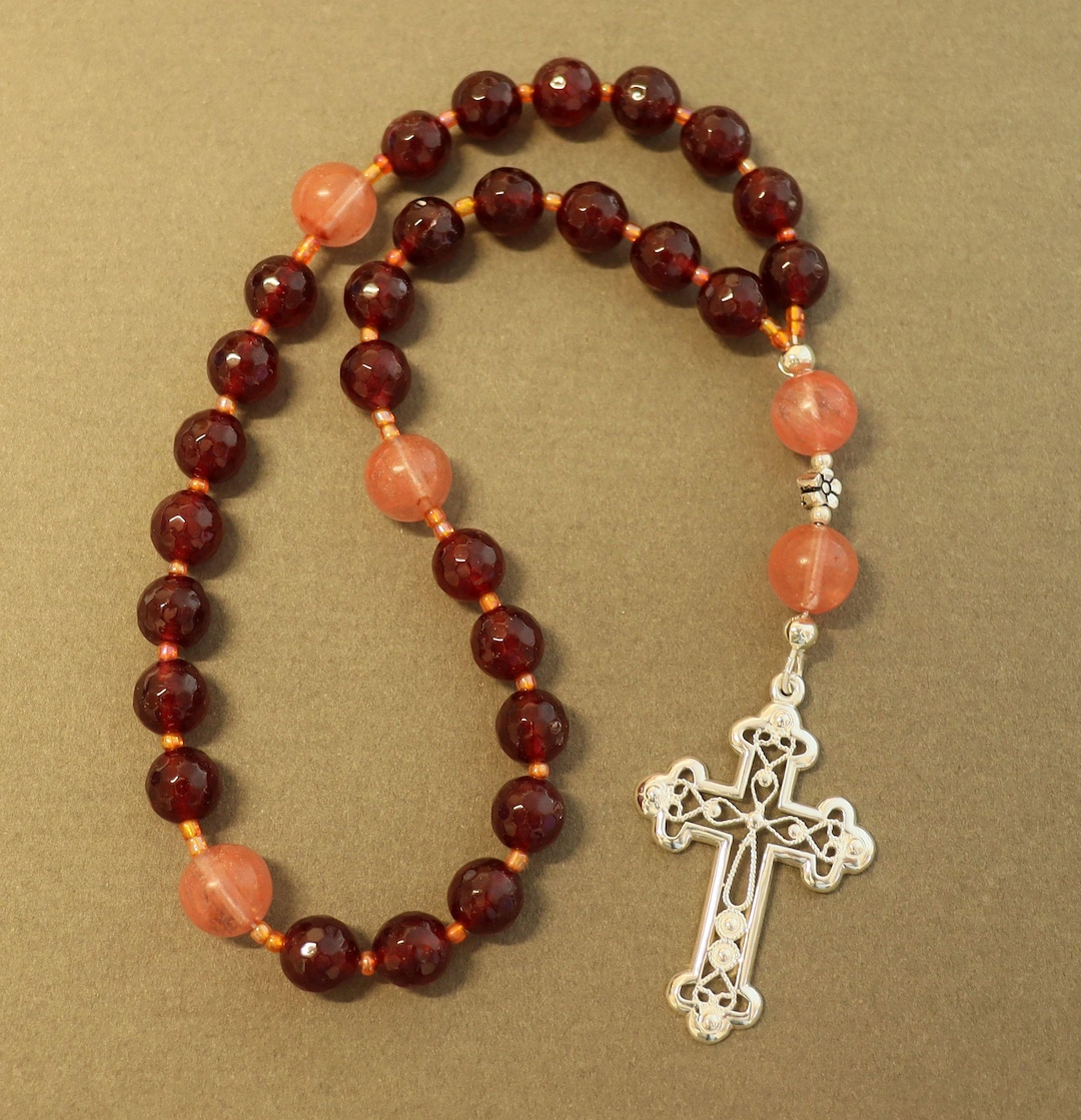 Anglican Episcopal Rosary Prayer Beads :faceted Garnet, Rose Quartz and ...
