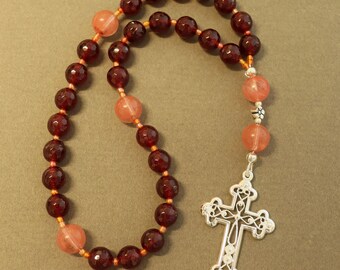 Anglican Episcopal Rosary Prayer Beads :Faceted Garnet, Rose Quartz and Sterling Silver - Filigree Cross
