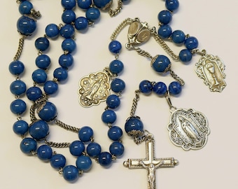 Late 19th Century Lapis Glass and Sterling Catholic Rosary Many Medals – French - Rare
